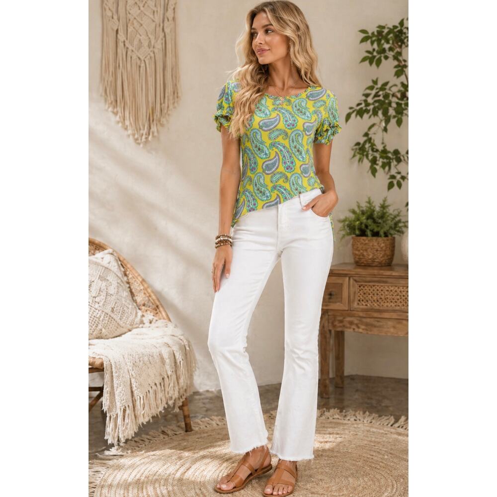 Etro Milano Paisley Top Italy Yellow Green Print Stretch Blouse Sz 46 (US 8–10)